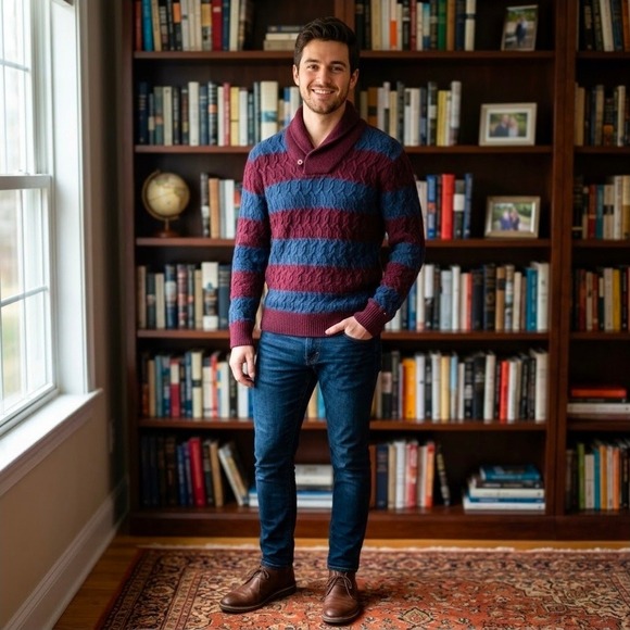 Tommy Hilfiger Other - Tommy Hilfiger Mens Cable Knit Shawl Collar Striped Sweater Burgundy Blue Large